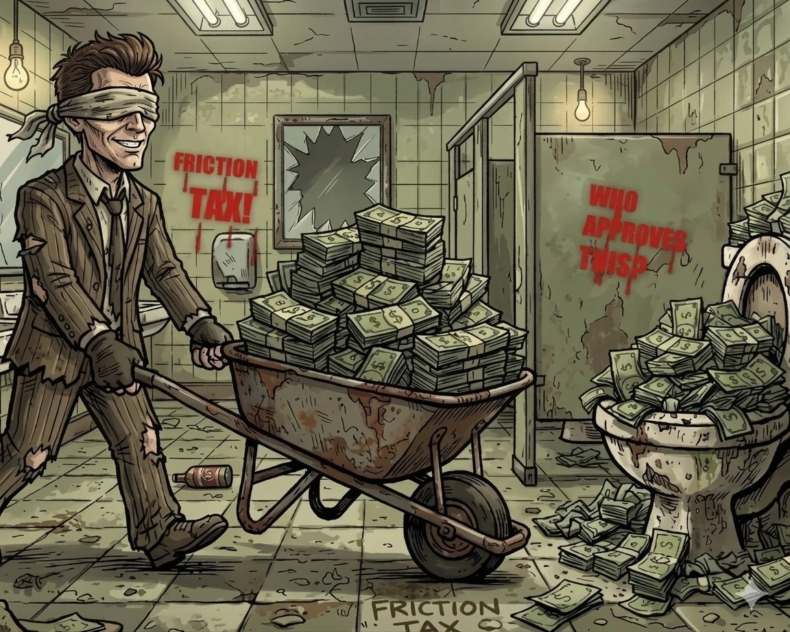 A grinning man in a torn suit, blindfolded, wheels a barrow heaped with cash across a wrecked restroom toward a toilet overflowing with bills